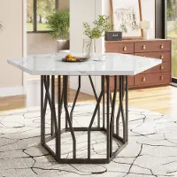 UnboxG Table à manger hexagonale Marbre 1pc - Structure métal branches noires, cuisine/salon
