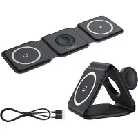 HUXGO Wireless Charger 3-en-1 Pliable Magnétique, Station de charge sans fil QI pour téléphone portable, iPhone et SmartWatch, Station de charge portable, noir