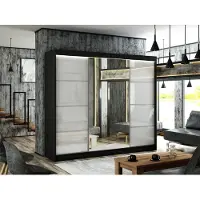 MargaretHadas24 Armoire Venus III 250 cm avec 3 portes coulissantes et miroir Livraison à domicile Tringle à vêtements Penderie Armoire (couleur : noir, lacobel blanc)