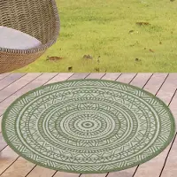 Carpetia Tapis d'intérieur et d'extérieur rond au motif ethnique – vert et blanc, facile d'entretien et résistant aux intempéries – Diamètre : 160 cm