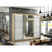 MargaretHadas24 Armoire Padwa 250 cm avec 3 portes coulissantes et miroir, tringle à vêtements, penderie, livraison à domicile (couleur : chêne sonoma et façade blanche)