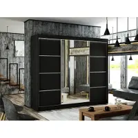 MargaretHadas24 Armoire Padwa 250 cm avec 3 portes coulissantes et miroir, tringle à vêtements, penderie, livraison à domicile (couleur : noir et façade noire)