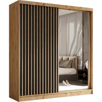 MargaretHadas24 Armoire Erika de 200 cm avec lamelles et miroir, comprenant 2 portes coulissantes Armoire à portes coulissantes (couleur : Artisan, noir, lamelles Artisan)
