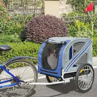 Supfine Carrosse pour chien Remorque de vélo Pliable avec fenêtres en filet Drapeau Gris Bleu