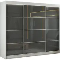 MargaretHadas24 Armoire Porto III 250 cm avec 3 portes coulissantes Livraison à domicile Tringle à vêtements Penderie Armoire (couleur : blanc, lacobel gris, barreaux)