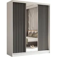 MargaretHadas24 Armoire Erika de 180 cm avec lamelles et miroir, 3 portes coulissantes, penderie, livraison à domicile (couleur : blanc, gris, lamelles grises)