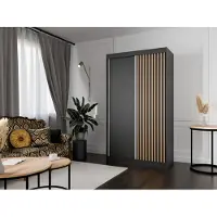 MargaretHadas24 Armoire Lili à lamelles 120 cm avec 2 portes coulissantes Armoire à portes coulissantes Tringle à vêtements Penderie Armoire Livraison à domicile Couleur : noir, noir, lamelles wotan