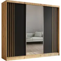 MargaretHadas24 Armoire Neli de 240 cm avec lamelles et miroir, 3 portes coulissantes incluses Armoire à portes coulissantes (couleur : Artisan, noir, lamelles Artisan)