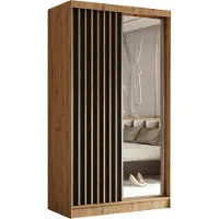 MargaretHadas24 Armoire Erika de 120 cm avec lamelles et miroir, comprenant 2 portes coulissantes, penderie, tringle à vêtements, livraison à domicile (couleur : Artisan, noir, lamelles Artisan)