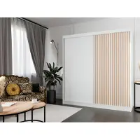 MargaretHadas24 Armoire Lili à lamelles 200 cm avec 2 portes coulissantes Armoire à portes coulissantes Tringle à vêtements Penderie Armoire Livraison à domicile (Couleur : blanc, blanc, lamelles wotan)
