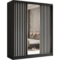 MargaretHadas24 Armoire Erika de 180 cm avec lamelles et miroir, 3 portes coulissantes, penderie, livraison à domicile (couleur : noir, noir, lamelles blanches)