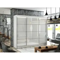MargaretHadas24 Armoire Porto III 250 cm avec 3 portes coulissantes Livraison à domicile Tringle à vêtements Penderie Armoire (couleur : blanc, lacobel blanc, barreaux)