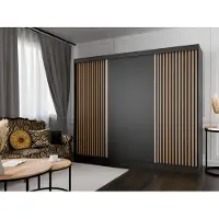 MargaretHadas24 Armoire Lili à lamelles 250 cm avec 3 portes coulissantes Armoire à portes coulissantes Tringle à vêtements Penderie Armoire Livraison à domicile (Couleur : noir, noir, lamelles wotan)