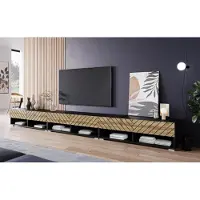 MINIO go for it , Buffet bas Armoire TV "ANNE", 300 cm, avec portes en MDF, sans éclairage LED, noir mat/couleur chêne Wotan avec motif 3D à chevrons