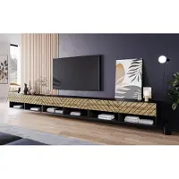 MINIO go for it , Lowboard Armoire TV "ANNE", 300 cm, avec portes en MDF, avec éclairage LED, noir mat/couleur chêne Wotan avec motif 3D à chevrons
