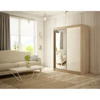 MargaretHadas24 Armoire Venus 150 cm avec 2 portes coulissantes et miroir Livraison à domicile Tringle à vêtements Penderie Armoire (couleur : chêne sonoma, lacobel blanc)