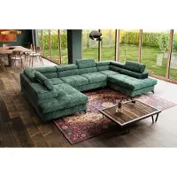 MargaretHadas24 Canapé d'angle en forme de U Palermo avec fonction couchage, rangement pour literie 345 x 202 cm Grand canapé, appuie-tête réglables Canapé XXL, 5 places, vert