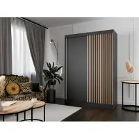 MargaretHadas24 Armoire Lili à lamelles 150 cm avec 2 portes coulissantes Armoire à portes coulissantes Tringle à vêtements Penderie Armoire Livraison à domicile (Couleur : noir, noir, lamelles wotan)