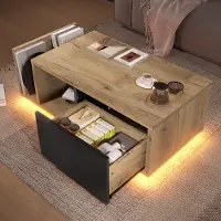 LVHOM Table basse avec LED et tiroir, table d'appoint Scandi avec espace de rangement, table de salon en bois, table basse industrielle, naturel/noir