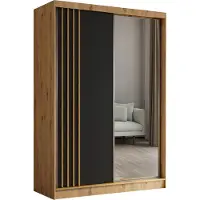 MargaretHadas24 Armoire Neli de 150 cm avec lamelles et miroir, 2 portes coulissantes incluses Armoire à portes coulissantes (couleur : Artisan, noir, lamelles Artisan)