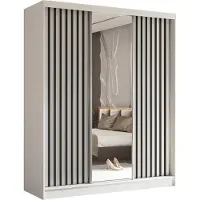MargaretHadas24 Armoire Erika de 180 cm avec lamelles et miroir, 3 portes coulissantes, penderie, patères, livraison à domicile (couleur : blanc, blanc, lamelles noires)