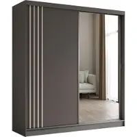 MargaretHadas24 Armoire Neli de 200 cm avec lamelles et miroir, 2 portes coulissantes incluses Armoire à portes coulissantes (couleur : gris, gris, lamelles blanches)