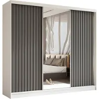 MargaretHadas24 Armoire Erika de 240 cm avec lamelles et miroir, 3 portes coulissantes, tringle à vêtements, livraison à domicile (couleur : blanc, gris, lamelles grises)