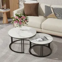 WISFOR Table basse Lot de 2 en pierre frittée, Table basse moderne avec double pieds en métal, Table basse ronde aspect marbre, Bentley blanc