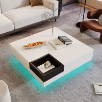 LVHOM Table basse haute brillance avec LED, Table d'appoint Scandi avec boîte en bois amovible, Table de salon Indutrial Table basse, 72x72x30cm, Blanc