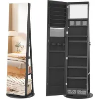 NaiZy Miroir Armoire à bijoux Rangement pour bijoux pivotant à 360°avec lampes LED et serrure de sécurité Armoire à glace debout 3 en 1 Miroir de maquillage intérieur 161 x 54.5 x 10 cm Noir