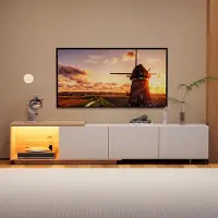 UnboxG Armoire TV extensible 180 cm, 163-240 cm, lumière LED à détection 3 couleurs, blanc/marron, tiroirs à rebond, passage de câbles