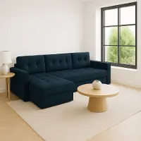 Sofello Canapé d'angle GUTTO avec fonction couchage, couleur bleu, modèle IVIO I, en tissu velours, disponible dans des couleurs tendance. Design moderne avec surpiqûres. Produit phare de 2025 !