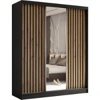 MargaretHadas24 Armoire Erika de 180 cm avec lamelles et miroir, 3 portes coulissantes, penderie, livraison à domicile (couleur : noir, Artisan, lamelles noires)