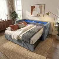 LVHOM Lit de jour extensible 90/180x190cm avec rangement et LED, Canapé-lit avec lit gigogne, Daybed en velours avec USB et sommier à lattes, Daybett, Gris