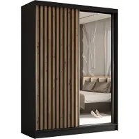MargaretHadas24 Armoire Erika de 160 cm avec lamelles et miroir, comprenant 2 portes coulissantes, penderie, tringle à vêtements, livraison à domicile (couleur : noir, Artisan, lamelles noires)