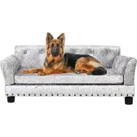 WISFOR Canapé pour animaux domestiques avec dossier, canapé pour chien avec structure en bois, tapis pour chien Lit pour chien, L : 95 x 70 x 40 cm