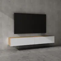 Doporro Meuble TV Bas 200x40,2x30cm Armoire TV Marron Clair + Blanc Mat Table de Télévision Salon avec Portes Meuble TV Suspendu MBTV02