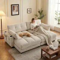 LVHOM Canapé-lit avec USB&porte-gobelets, Canapé 2 places, Fauteuil relax avec poches latérales, Canapé de sol Fauteuil lounge, Dossier réglable, Beige