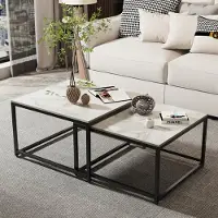 WISFOR Lot de 2 tables basses avec piètement en fer, table de salon aspect marbre, table basse table de salon Moderne, blanc
