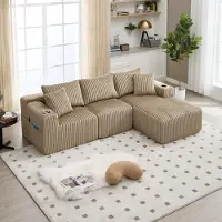 LVHOM Canapé modulable avec fonction sommeil, Canapé d'angle recouvert de velours côtelé, 3 places avec coussins, Canapé-lit sans montage, Canapé lounge 257x80x160cm, Kaki