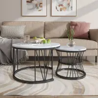 CDGlobal Moderne Table basse ronde, set de 2, tables à sets, support métallique étanche et motif en marbre, pour salon, balcon, bureau