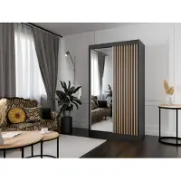 MargaretHadas24 Armoire Lili à lamelles 120 cm avec 2 portes coulissantes Armoire à portes coulissantes Tringle à vêtements Penderie Armoire Livraison à domicile (couleur : noir, noir, lamelles wotan, miroir)