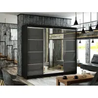 MargaretHadas24 Armoire Venus III 250 cm avec 3 portes coulissantes et miroir Livraison à domicile Tringle à vêtements Penderie Armoire (couleur : noir, lacobel gris)