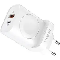 Veger Chargeur secteur USB + type C + chargeur compatible avec Apple Watch PD 25W W002E blanc