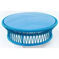 Casa Padrino Luxe Table de Jardin Bleue Ø 100 x H. 34 cm - Table basse tissée à la main, résistante aux intempéries, avec plateau en verre - Meubles de Jardin Terrasse Table - Collection Luxe