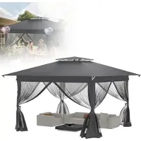LZQ Kiosque de jardin 3 x 3 m Kiosque pliable « pop-up » avec double toit, 4 moustiquaires, protection UV, hauteur réglable, structure robuste, toile Oxford, anthracite