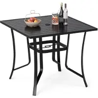 Costway Table de jardin 91 x 91 x 73 cm en métal, table de terrasse avec trou pour parasol, table de balcon carrée pour 4 personnes, table à manger d'extérieur, noir