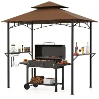 Costway Pavillon barbecue résistant aux intempéries, abri barbecue avec double toit, étagères latérales et 7 crochets, abri barbecue pavillon avec structure métallique, 240 x 151 x 255 cm, marron