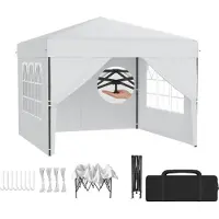 LZQ Pavillon pop-up 3x3 m Pavillon pliable pour jardin et terrasse, imperméable, protection UV, montage rapide à un seul bouton, hauteur réglable sur 3 niveaux, blanc (avec parois latérales)