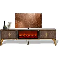 AEA Meuble TV fonctionnel avec imitation cheminée et espace de rangement, couleur marron